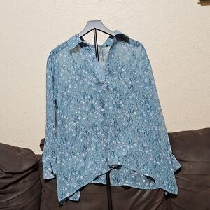 CAbi Teal Floral Button-Up Blouse